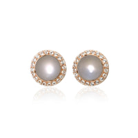Large Round Grey Moonstone Cabochon Studs with White Topaz Pavé Studs