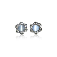 White Moonstone Cabochon with White Topaz Floral Studs in Black Rhodium